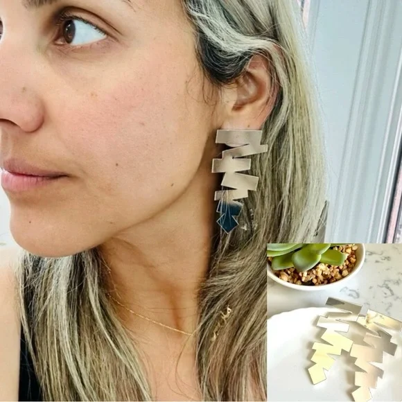 2/$30🌵 Silver Mirror Zig Zag Earrings Statement Tribal Geometric Aztec Gift NEW - Picture 1 of 11